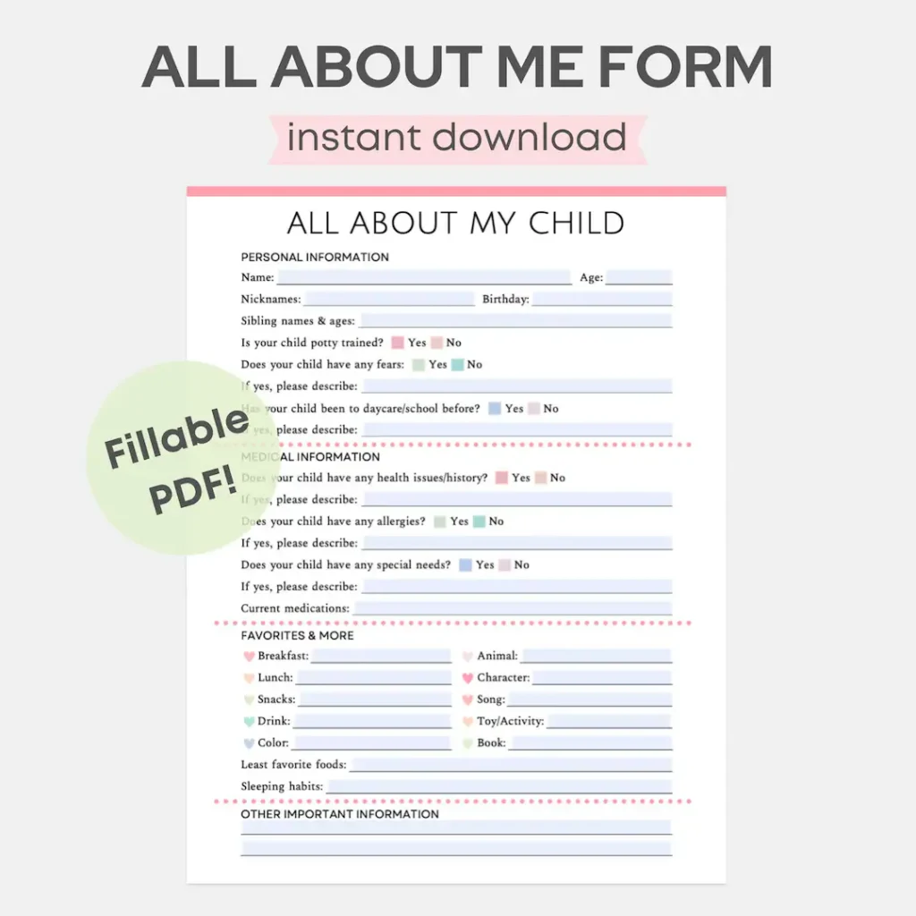 Child Info Sheet Printable Fillable Child Info Sheet Printable Fillable