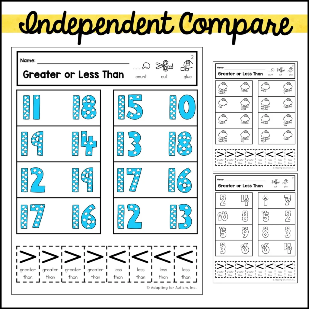 Cut And Paste Math Worksheets Greater Or Less Than Comparing Numbers Activities