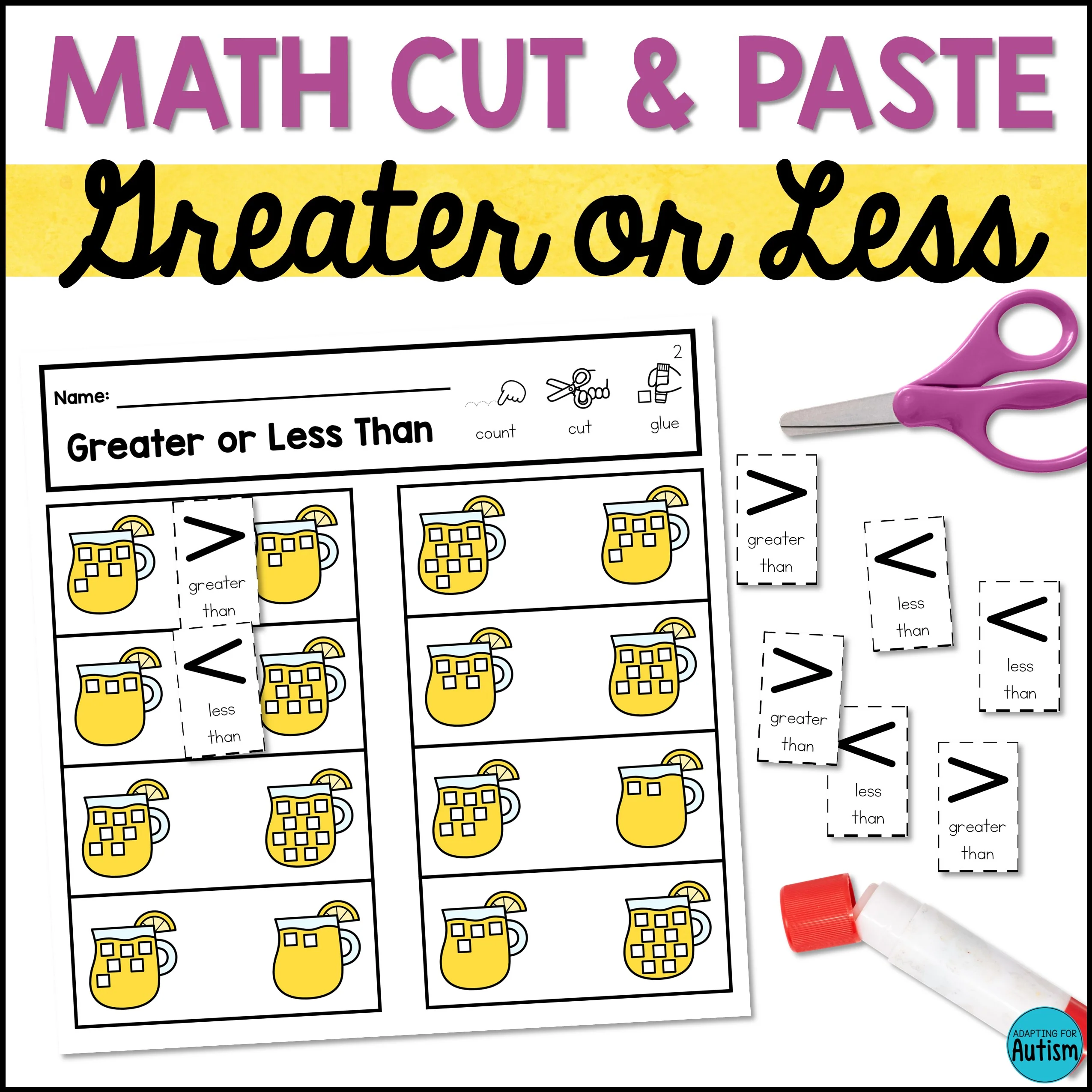 Cut And Paste Math Worksheets Greater Or Less Than Comparing Numbers Activities