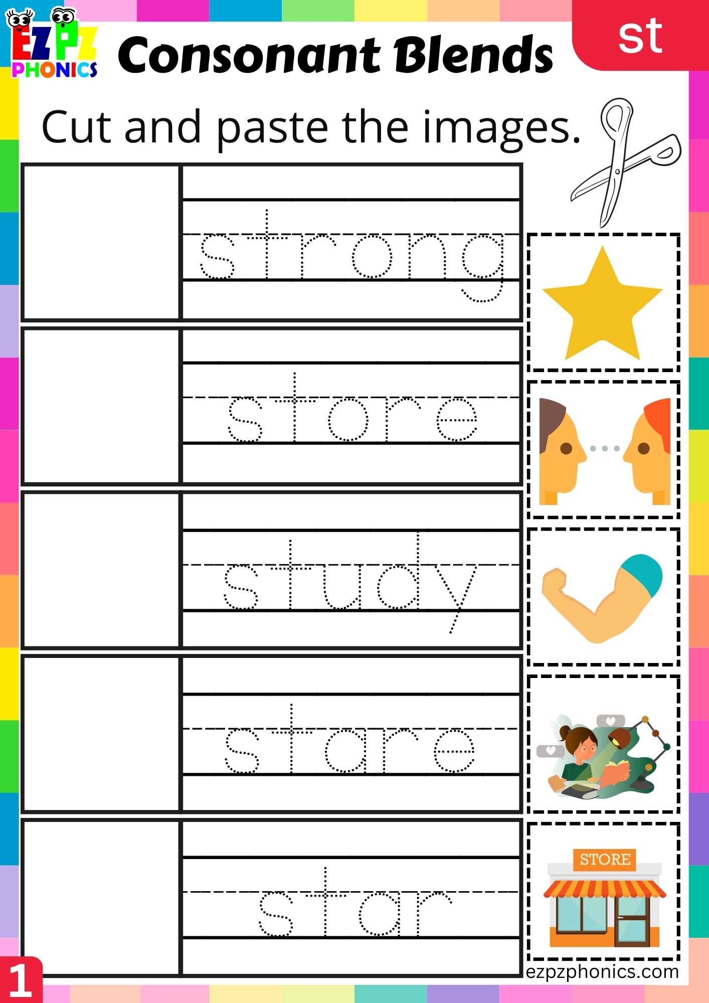 Group1 St Words Cut And Paste The Images Phonics Consonant Blends Worksheet Worksheets
