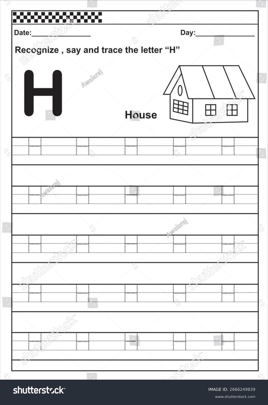 Letter H Tracing Worksheet Preschool Kindergarten 2666249839