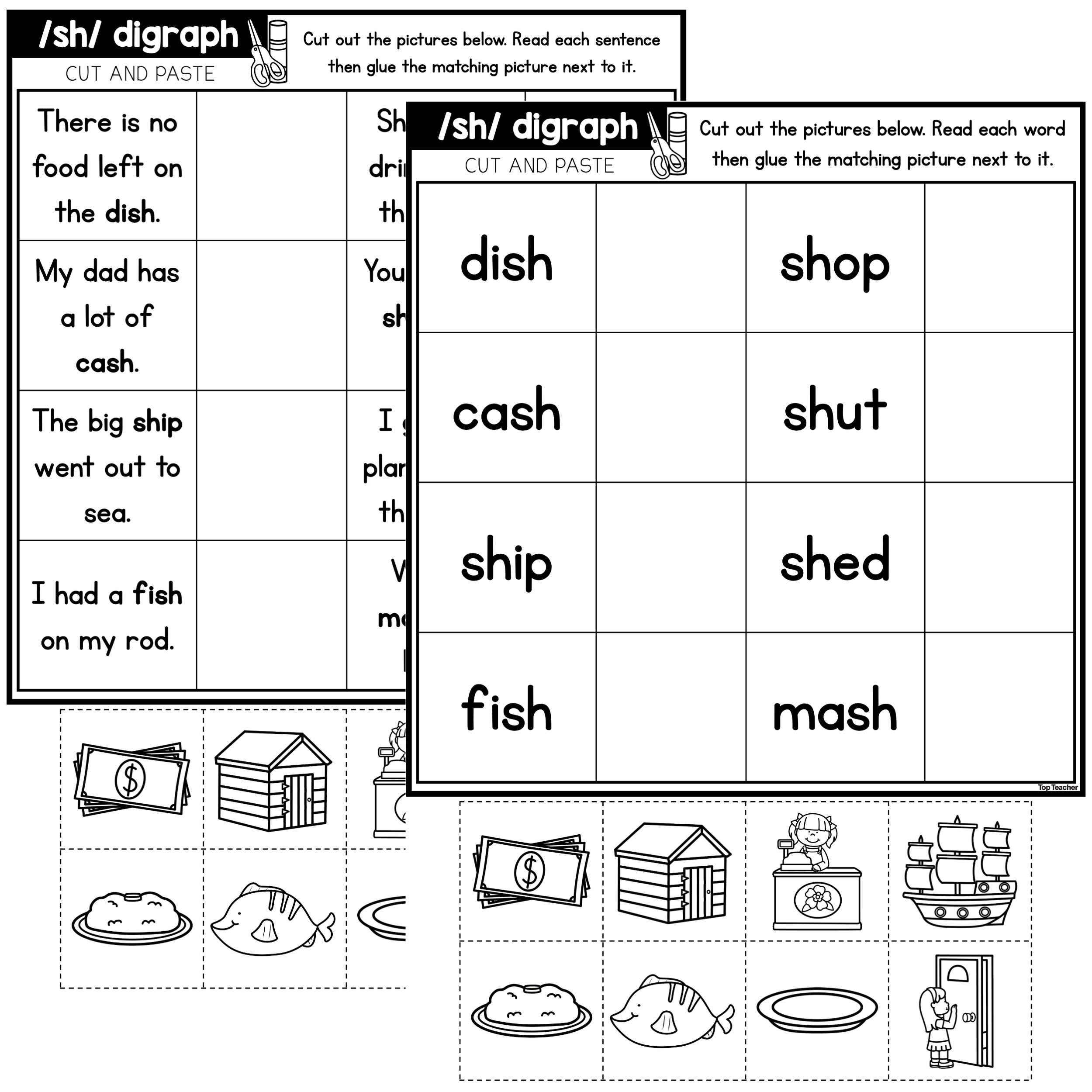 Sh Digraph Cut Paste Worksheets