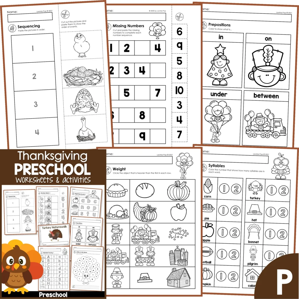 Thanksgiving No Prep Preschool Worksheets Activities